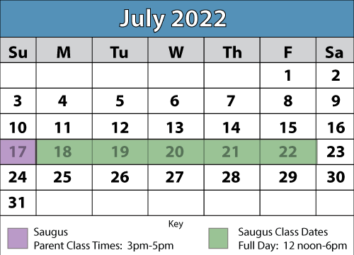 July 2022 Driver's Education Ringer's Driving School Calendar Class Dates